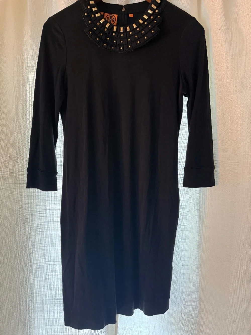 Tory Burch Black Ponte Shift Dress Removable Embellished Collar Gold Studs Size